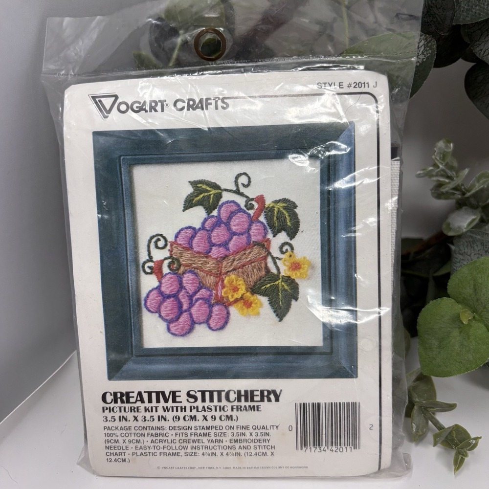 Vintage Vogart Crewel Embroidery Kit 2011J Grapes Flowers Frame New Sealed